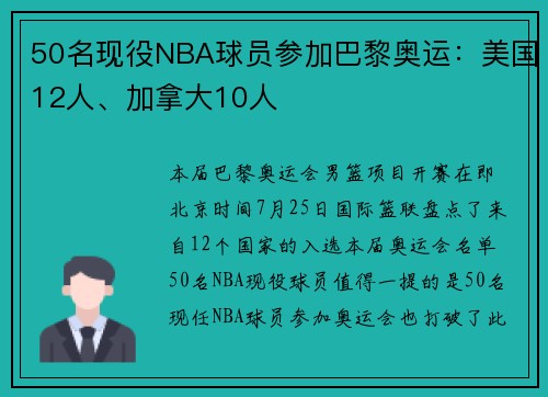 50名现役NBA球员参加巴黎奥运：美国12人、加拿大10人