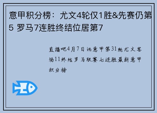 意甲积分榜：尤文4轮仅1胜&先赛仍第5 罗马7连胜终结位居第7