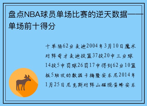 盘点NBA球员单场比赛的逆天数据——单场前十得分